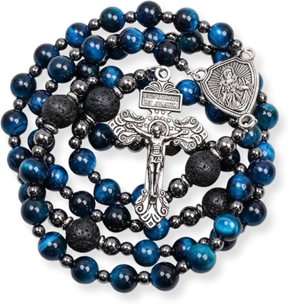 Blue Tiger Eye Rosary Necklace Lava Stone Prayer Beads with Our Father Medal & Crucifix - Nazareth Store 
