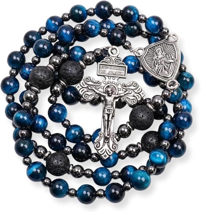 Blue Tiger Eye Rosary Necklace Lava Stone Prayer Beads with Our Father Medal & Crucifix - Nazareth Store 