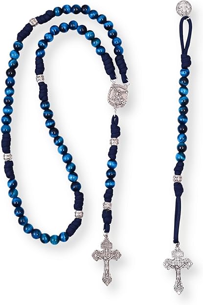 Blue Tiger Eye One Decade Rosary Beads Paracord Set St. Michael Necklace & St. Benedict 22" Nazareth Store