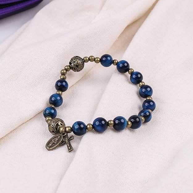 Blue Tiger Eye Rosary Bracelet with Metal Separators Miraculous Medal and Cross - Nazareth Store