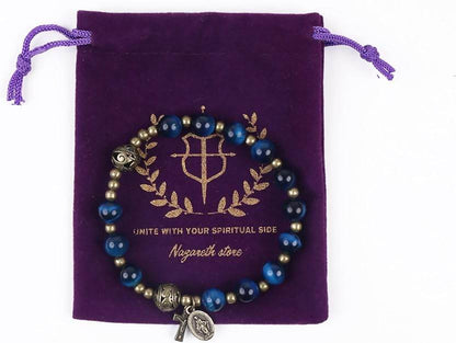 Blue Tiger Eye Rosary Bracelet with Metal Separators Miraculous Medal and Cross - Nazareth Store