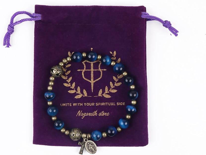 Blue Tiger Eye Rosary Bracelet with Metal Separators Miraculous Medal and Cross - Nazareth Store