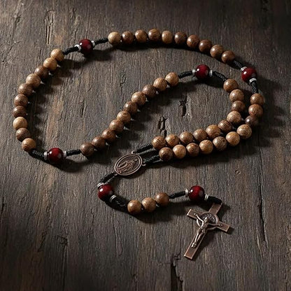 10mm olive wood beads and 12mm dark red wood mystery beads, this rosary offers a bold, strong design that’s perfect for men.