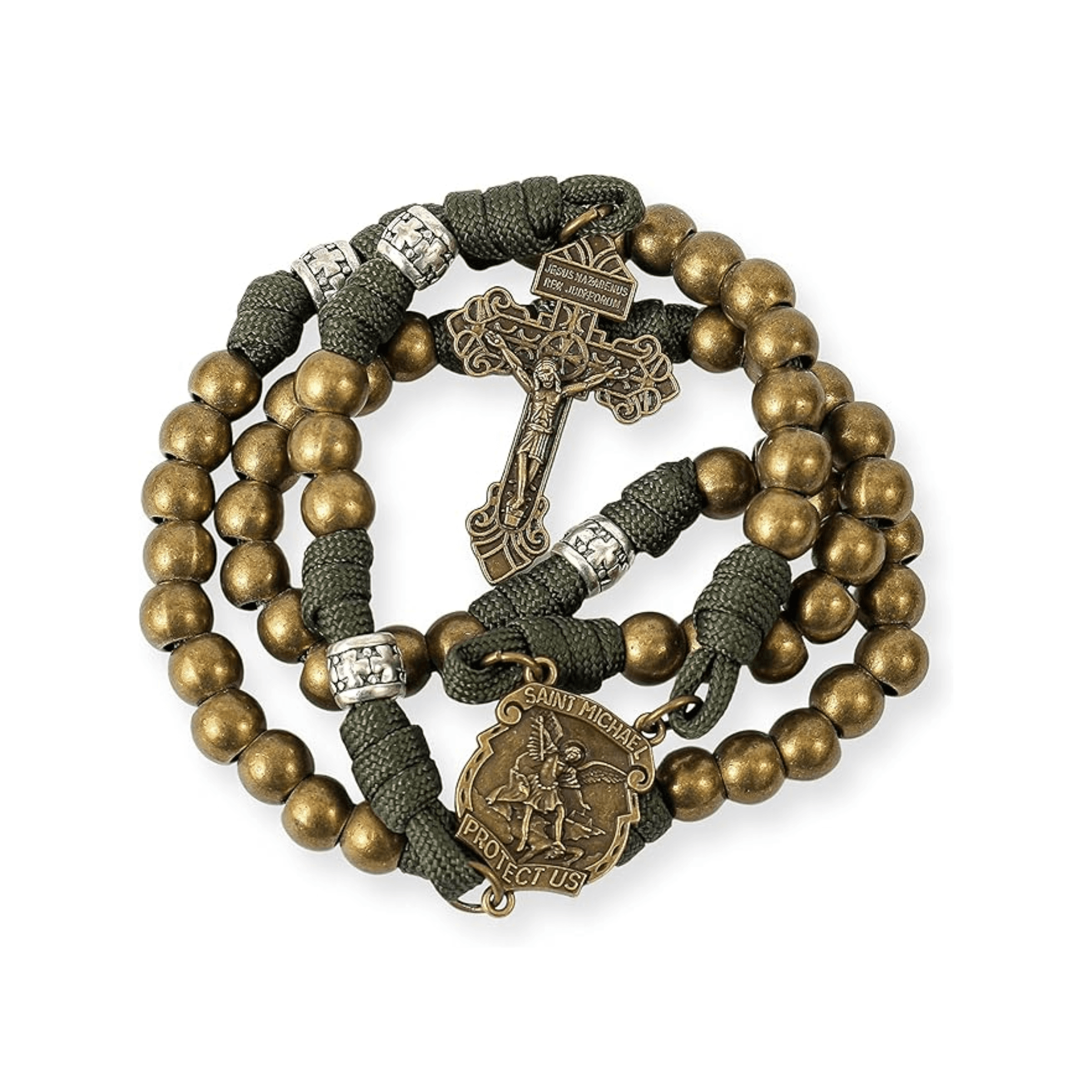 Bronze Beads Green Paracord with Silver Mystery Beads Rosary St Michael Medal & Pardon Crucifix - Nazareth Store
