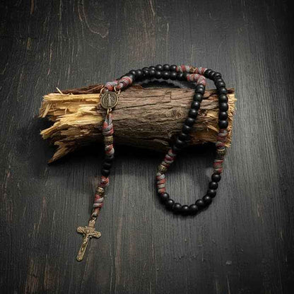 St. Michael Paracord Rosary Brown Corded Necklace with Black Beads & INRI Cross