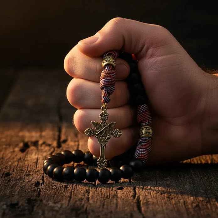Black Matte Beaded Red Paracord Rosary Necklace Bronze St. Michael Medal & INRI Crucifix