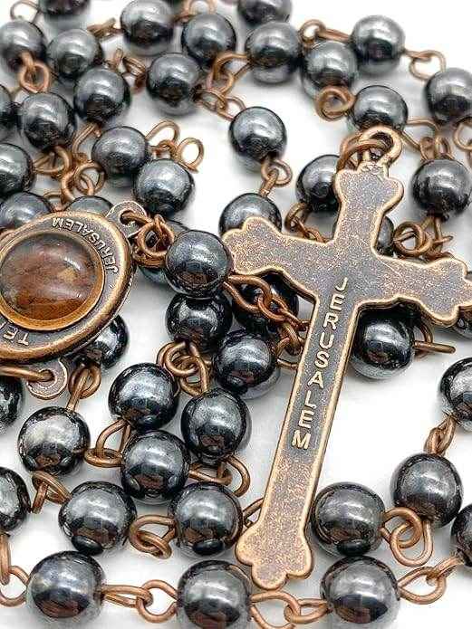 Black Hematite Rosary Stone Beads Handmade Chaplet Holy Soil Medal & Cross - Nazareth Store