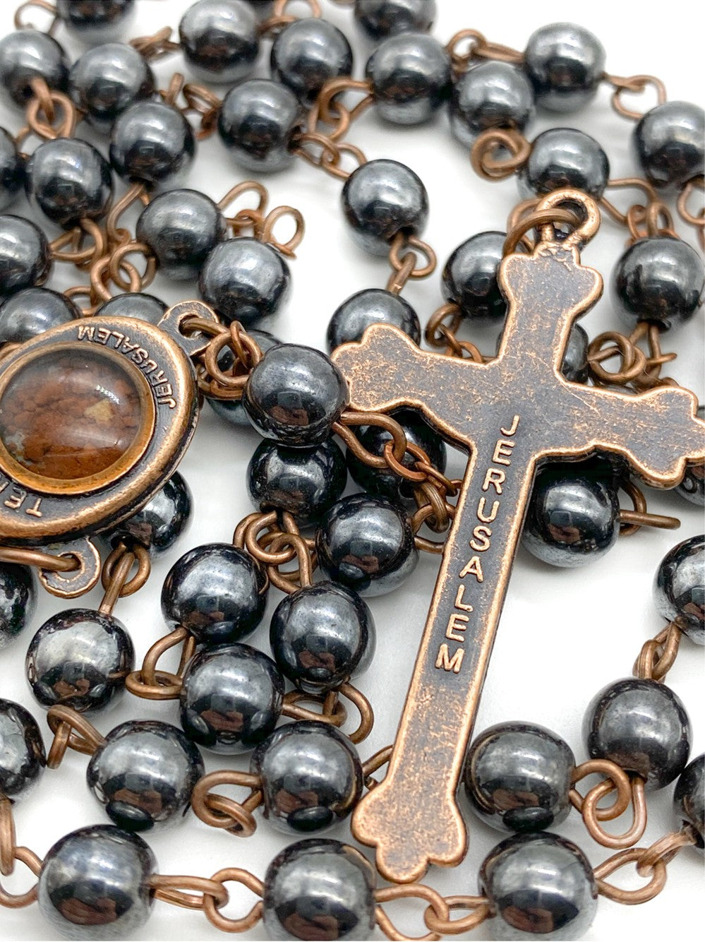 Black Hematite Rosary Stone Beads Handmade Chaplet Holy Soil Medal & Cross - Nazareth Store