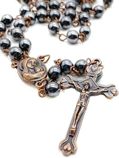 Black Hematite Rosary Stone Beads Handmade Chaplet Holy Soil Medal & Cross - Nazareth Store
