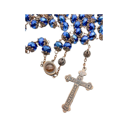 Men’s Deep Blue Crystal Rosary Necklace with Holy Soil Medal & Crucifix- Nazareth Store