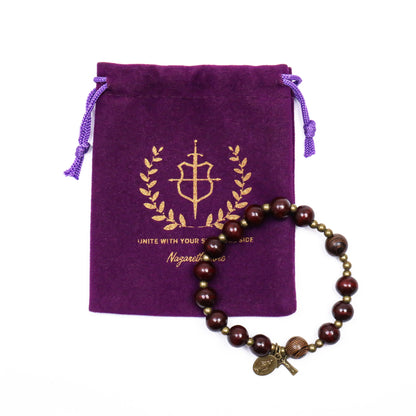 Dark Brown Wooden Bead Rosary Bracelet with Antique Bronze Miraculous Medal & Cross