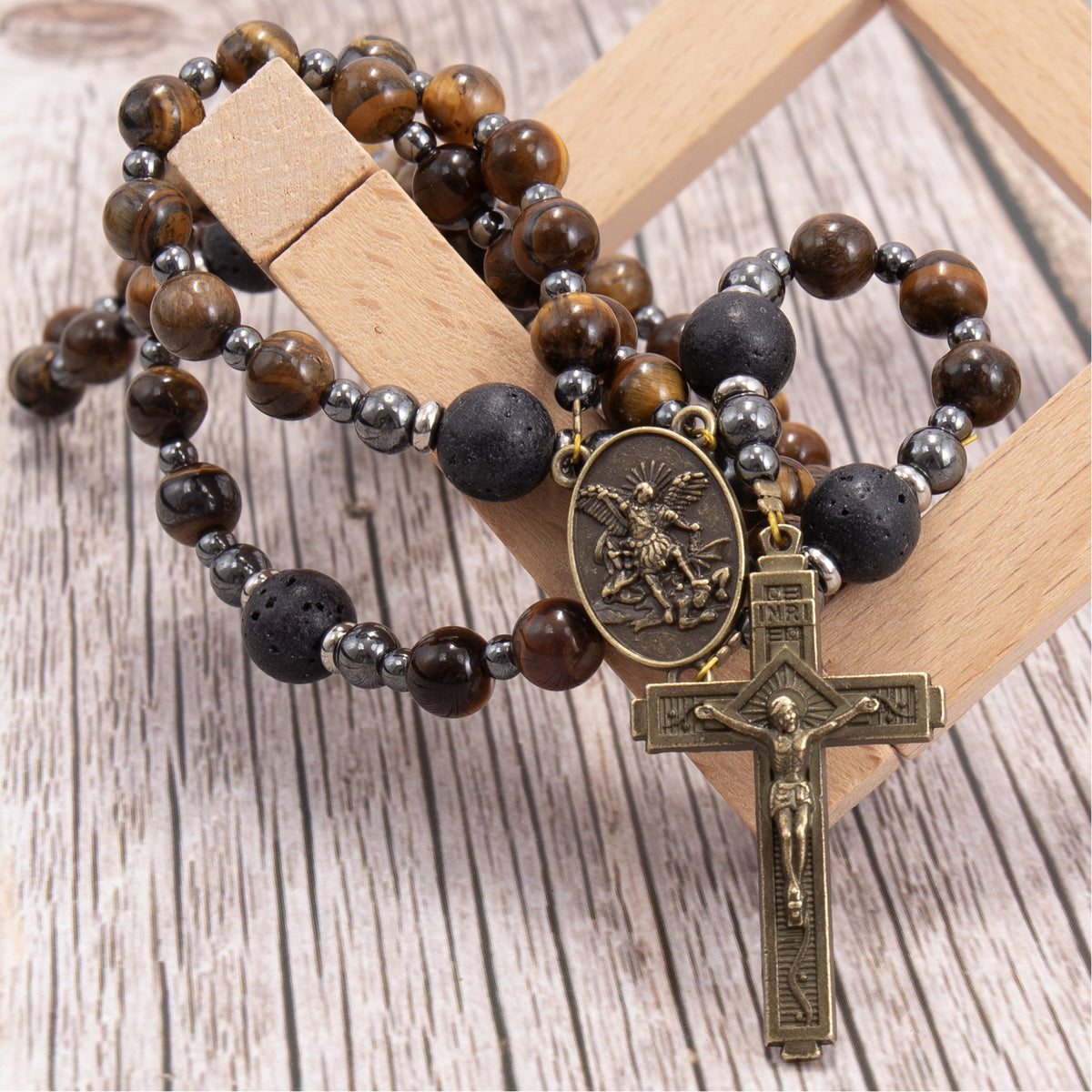 Men's Brown Tiger Eye Catholic Rosary with St. Michael Medal & Cross - Nazareth Store