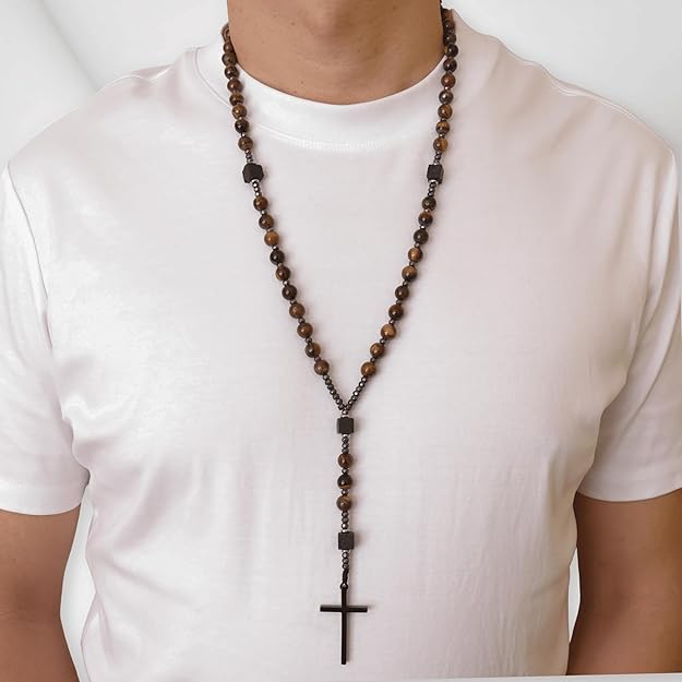 Brown Tiger Eye & Lava Stone 9mm Beads Rosary Necklace with Black Alloy Cross Nazareth Store