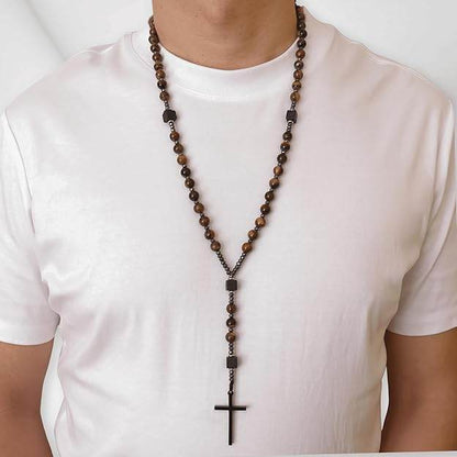 Brown Tiger Eye & Lava Stone 9mm Beads Rosary Necklace with Black Alloy Cross - Nazareth Store