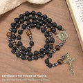 Black Lava Stone Rosary with Yellow Tiger Eye St. Benedict Medal & Cross Necklace for Men's Nazareth Store
