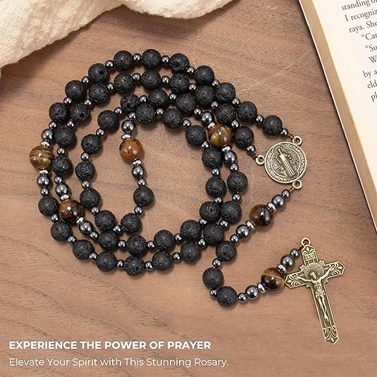 Black Lava Stone Rosary with Yellow Tiger Eye St. Benedict Medal & Cross Necklace for Men's Nazareth Store
