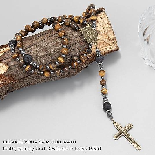 Brown Tiger Eye Catholic Rosary with Miraculous Medal & Cross Necklace for Men's - Nazareth Store