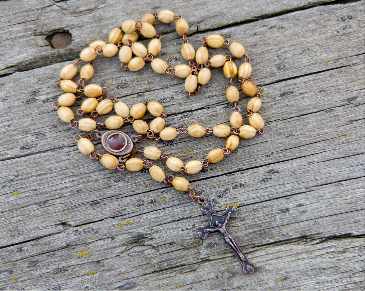 Olive Wood Beads Catholic Rosary Necklace with Holy Mary Medal & Bronze Cross - Nazareth Store