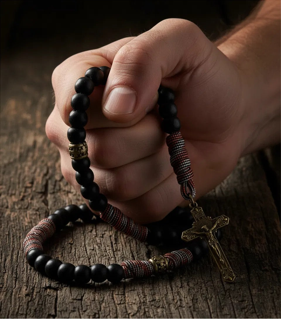 St. Michael Paracord Rosary Brown Corded Necklace with Black Beads & INRI Cross