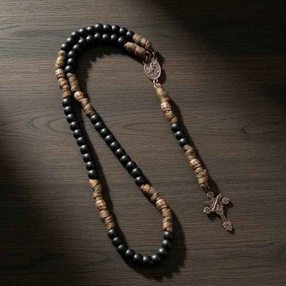 St. Michael Paracord Rosary Brown Corded Necklace with Black Beads & INRI Cross