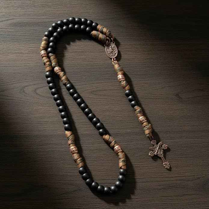St. Michael Paracord Rosary Brown Corded Necklace with Black Beads & INRI Cross