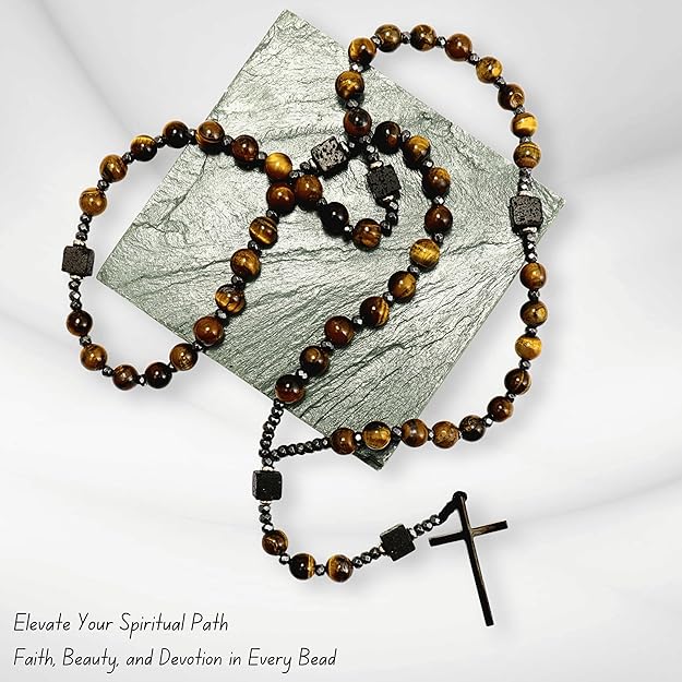Brown Tiger Eye & Lava Stone 9mm Beads Rosary Necklace with Black Alloy Cross Nazareth Store