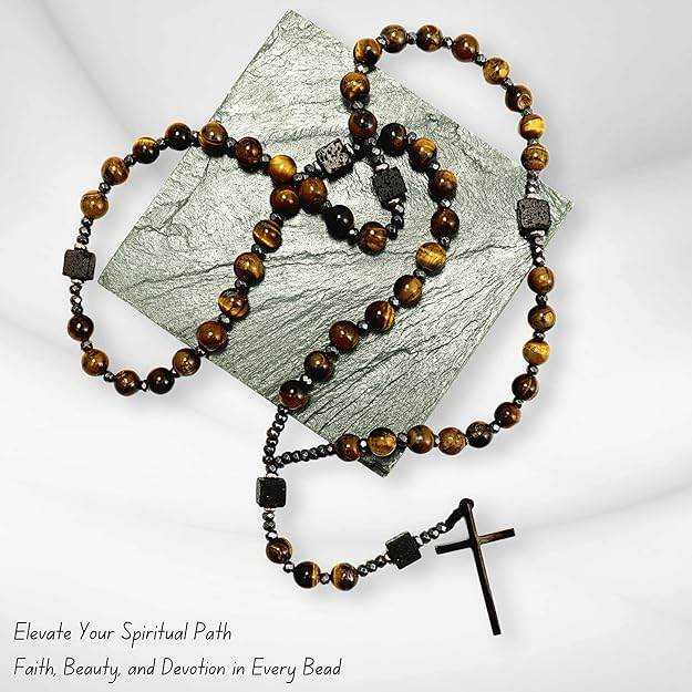 Brown Tiger Eye & Lava Stone 9mm Beads Rosary Necklace with Black Alloy Cross - Nazareth Store