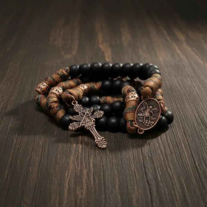 St. Michael Paracord Rosary Brown Corded Necklace with Black Beads & INRI Cross