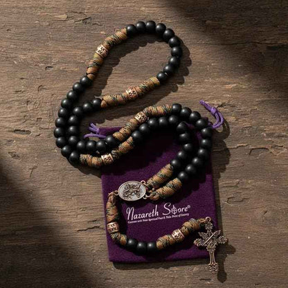 St. Michael Paracord Rosary Brown Corded Necklace with Black Beads & INRI Cross