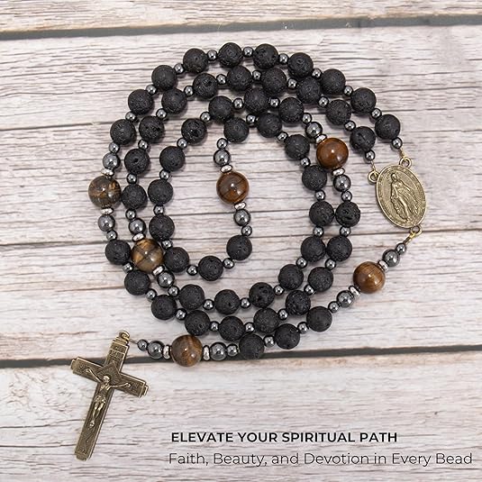 Black Lava Stone Rosary with Yellow Tiger Eye Miraculous Medal & Cross Necklace for Men's Nazareth Store
