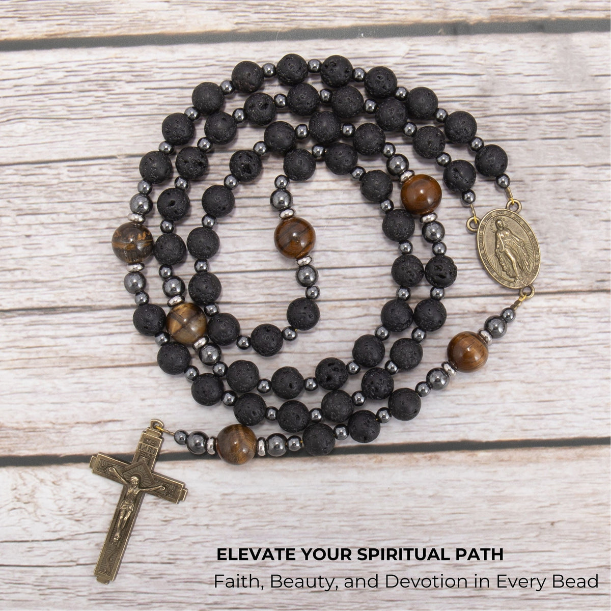 Black Lava Stone Rosary with Yellow Tiger Eye Miraculous Medal & Cross Necklace for Men's - Nazareth Store