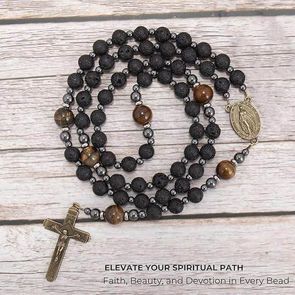 Black Lava Stone Rosary with Yellow Tiger Eye Miraculous Medal & Cross Necklace for Men's - Nazareth Store