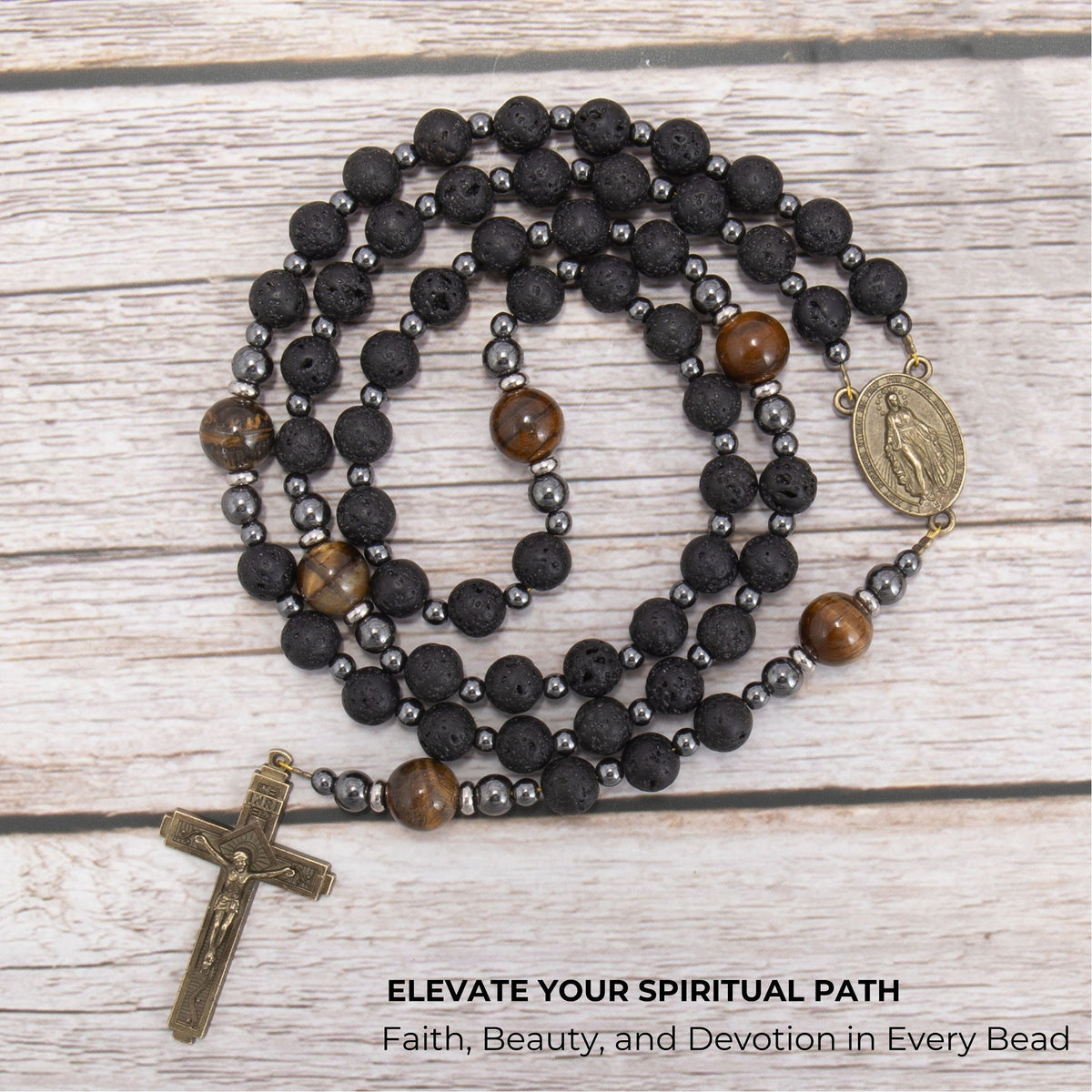 Black Lava Stone Rosary with Yellow Tiger Eye St. Michael Medal & Cross Necklace for Men's - Nazareth Store