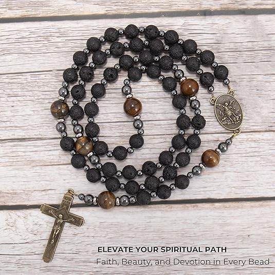 Black Lava Stone Rosary with Yellow Tiger Eye St. Michael Medal & Cross Necklace for Men's - Nazareth Store