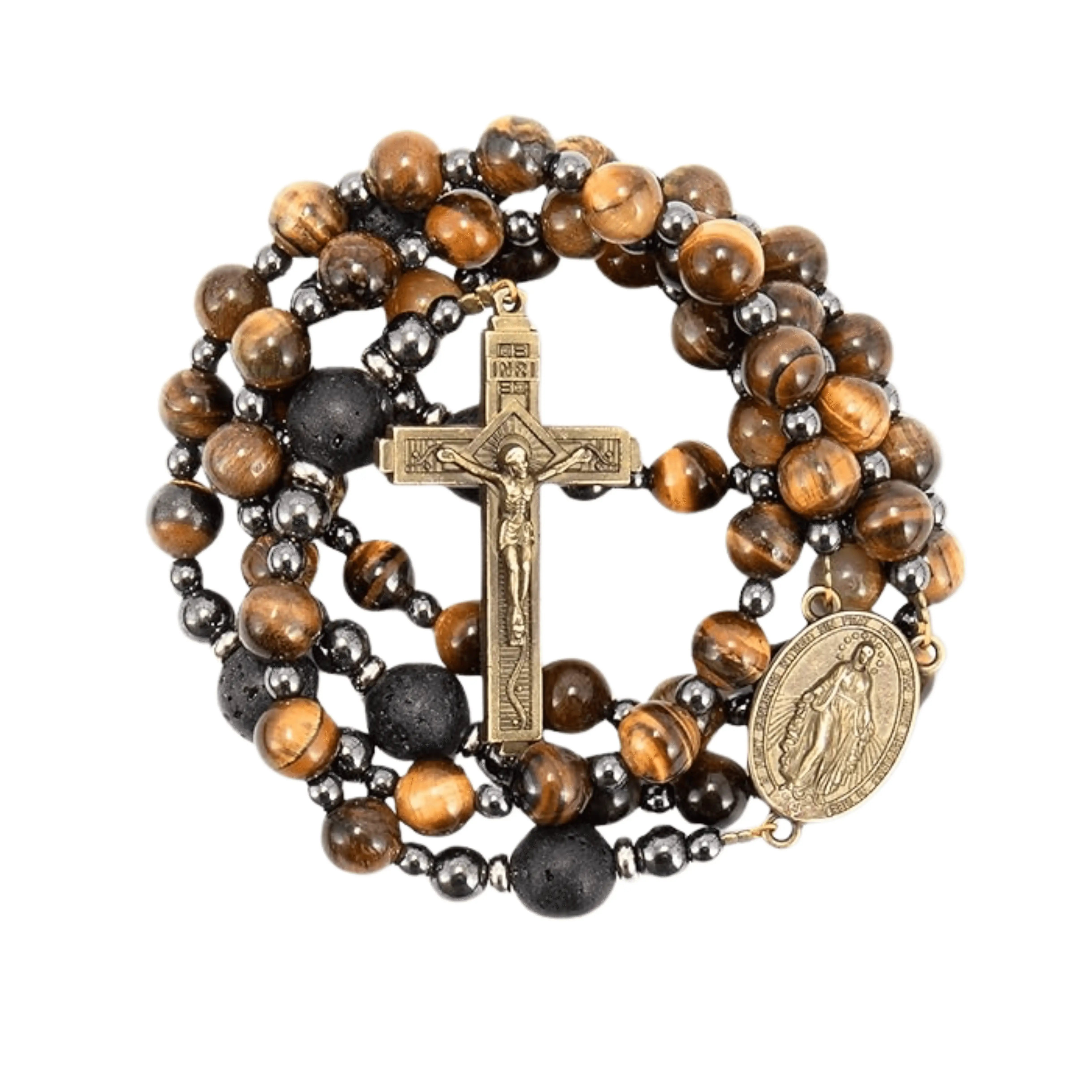 Brown Tiger Eye Catholic Rosary with Miraculous Medal & Cross Necklace for Men's - Nazareth Store