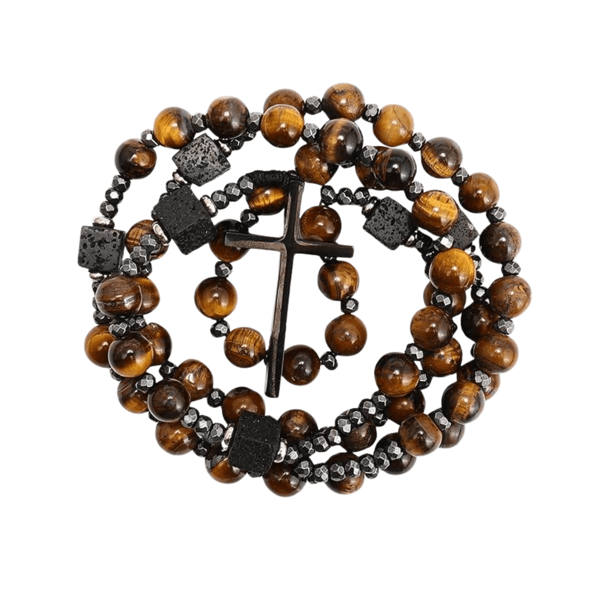 Brown Tiger Eye & Lava Stone 9mm Beads Rosary Necklace with Black Alloy Cross - Nazareth Store