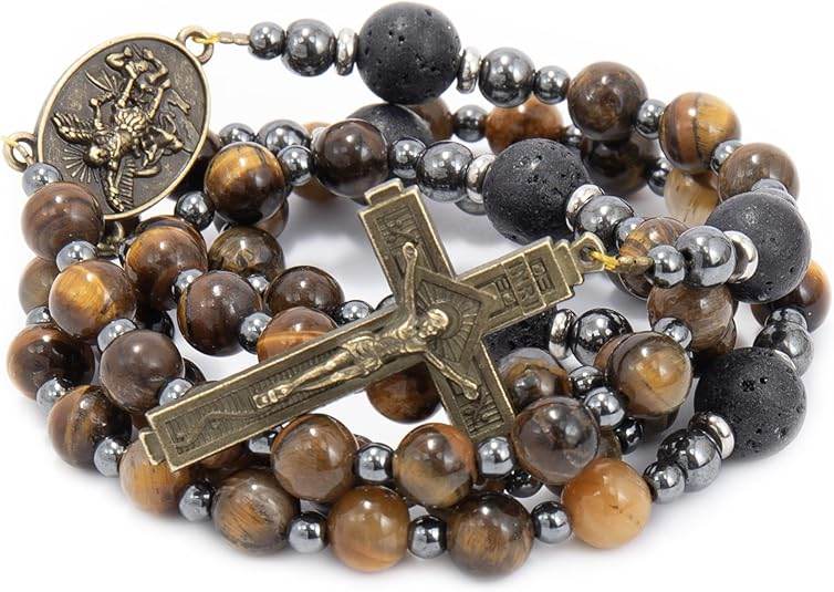 Men's Brown Tiger Eye Catholic Rosary with St. Michael Medal & Cross - Nazareth Store