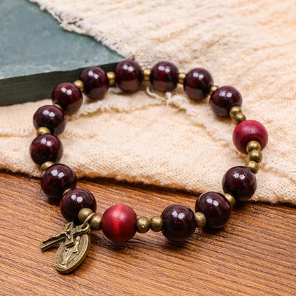 Dark Red Wooden Bead Rosary Bracelet with Antique Bronze Miraculous Medal & Cross