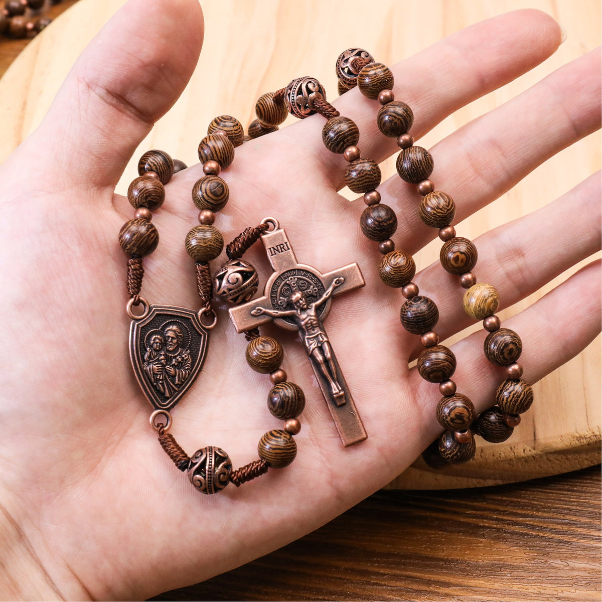 Olive Wood Rosary Necklace Metal Glory Beads with St. Joseph Medal & Cross Crucifix - Nazareth Store 