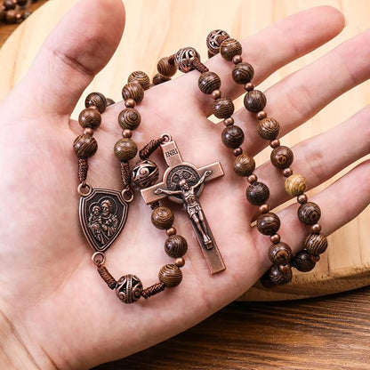 Olive Wood Rosary Necklace Metal Glory Beads with St. Joseph Medal & Cross Crucifix - Nazareth Store 