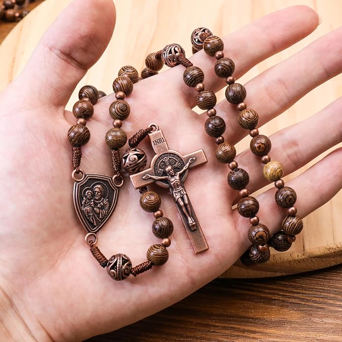 Olive Wood Rosary Necklace Metal Glory Beads with St. Joseph Medal & Cross Crucifix - Nazareth Store 