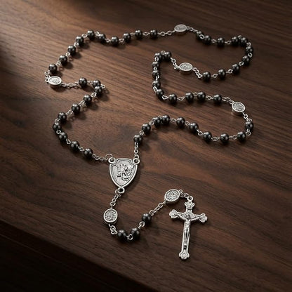Hematite Rosary Necklace Silver-Plated St. Michael Archangel Medal & Crucifix with Metal Box - Nazareth Store
