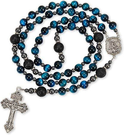 Men's Blue Tiger Eye Rosary with Lava Beads Saint Michael Medal & Cross – Gift Box Included - Nazareth Store