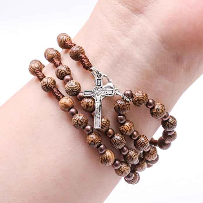 Olive Wooden Rosary Bracelet Necklace with Miraculous Medal & Crucifix Cross Wearable Religious Gift