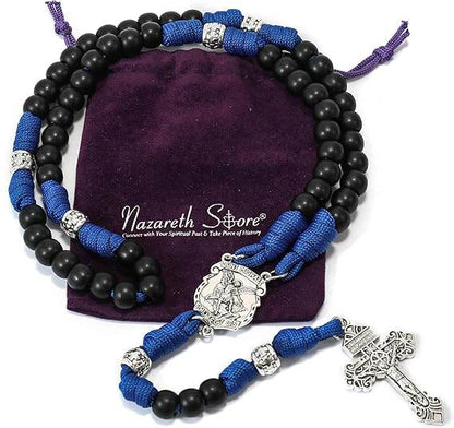 St.Michael Black Beads Blue Paracord Rosary Rugged Beaded Pardon Cross - Nazareth Store