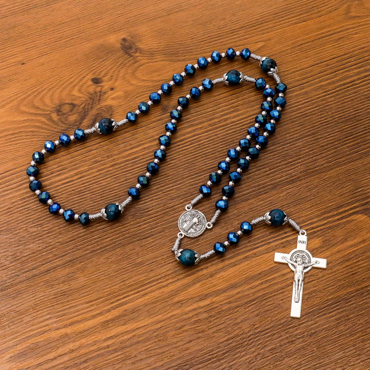 Blue Crystal Rosary Necklace with Tiger Eye Mystery Beads Silver-Plated St Benedict Medal & INRI Crucifix Handmade Catholic Prayer Beads Gift for Women & Men