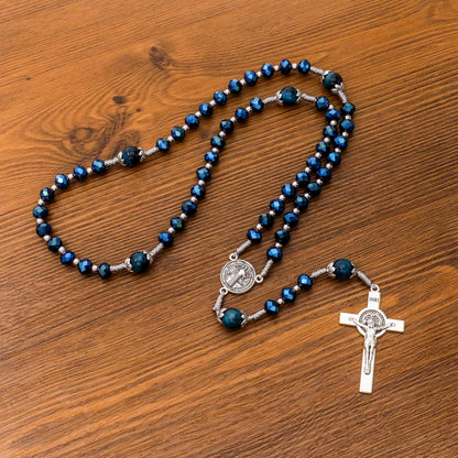 Blue Crystal Rosary Necklace with Tiger Eye Mystery Beads Silver-Plated St Benedict Medal & INRI Crucifix Handmade Catholic Prayer Beads Gift for Women & Men