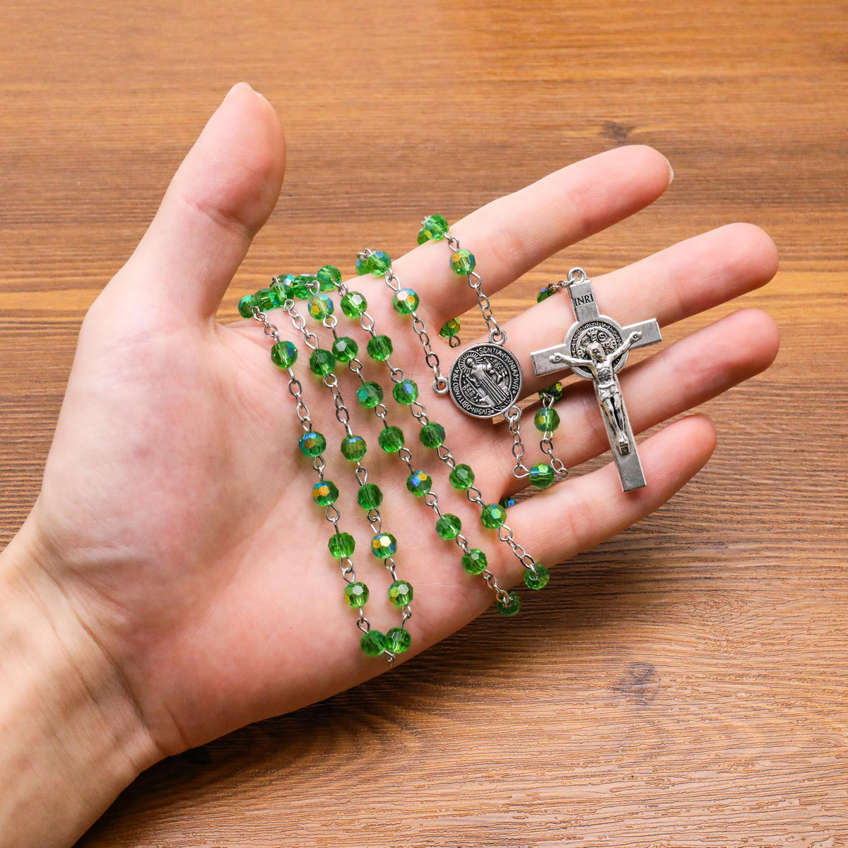 Green Crystallized Glass Beads Rosary Necklace with St Benedict Medal & Crucifix Handmade Christian Prayer Beads for Men & Women Catholic Religious Gift