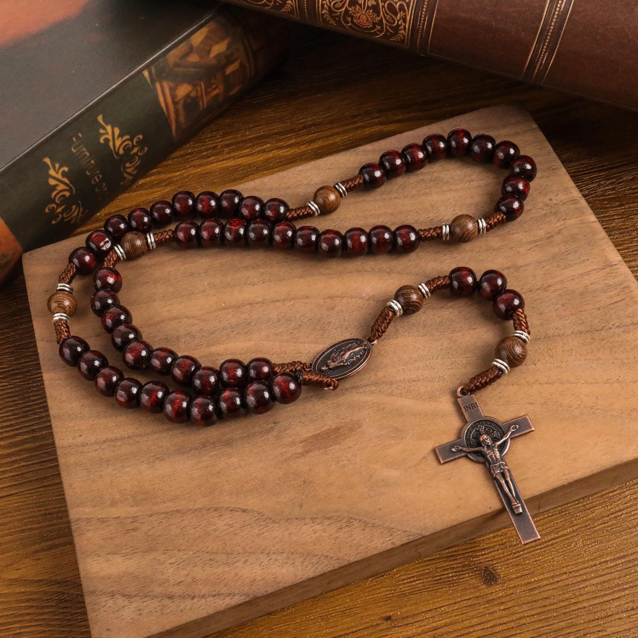 Handmade Solid Wood Catholic Rosary Beads Dark Red & Olive Wood Mystery Beads Prayer Necklace