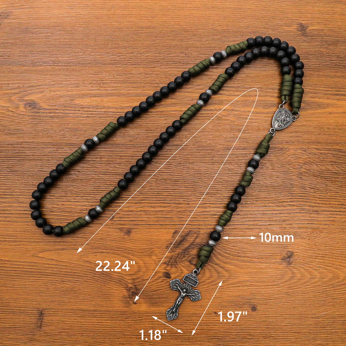 Men's Black Beaded Antique Olive Green Paracord Rosary Necklace with Silver St. Michael Medal & Pardon Crucifix